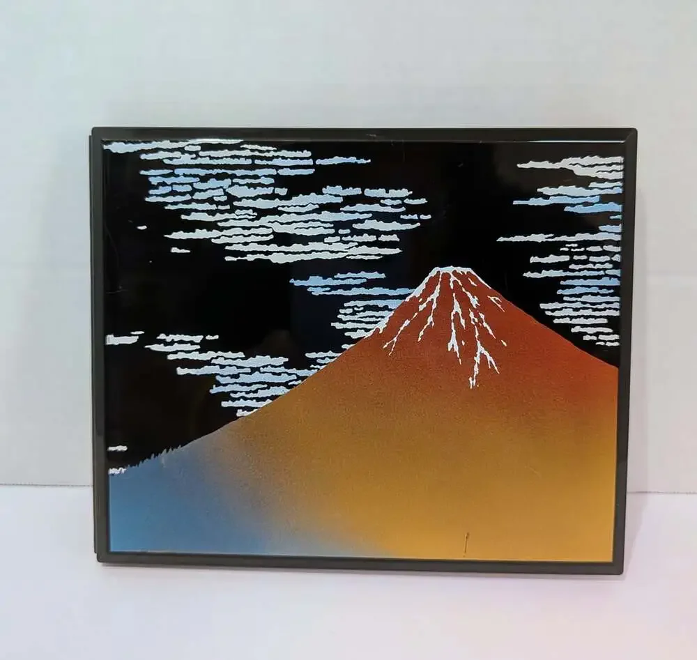 Vintage Japanese Lacquer Double Photo Frame Hokusai Red Fuji Mount Fuji 6x5